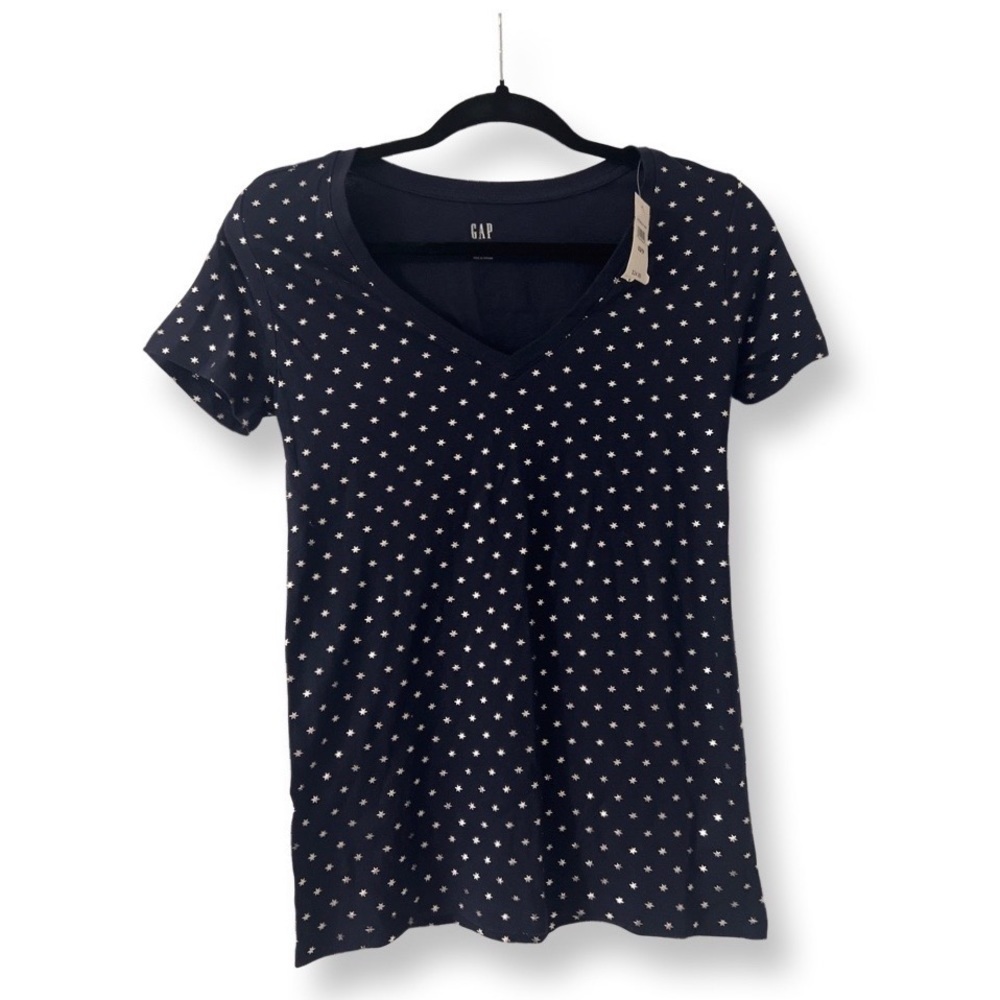 GAP Navy Blue Sparkly Silver Star Tee Shirt Size XS - Picture 1 of 5